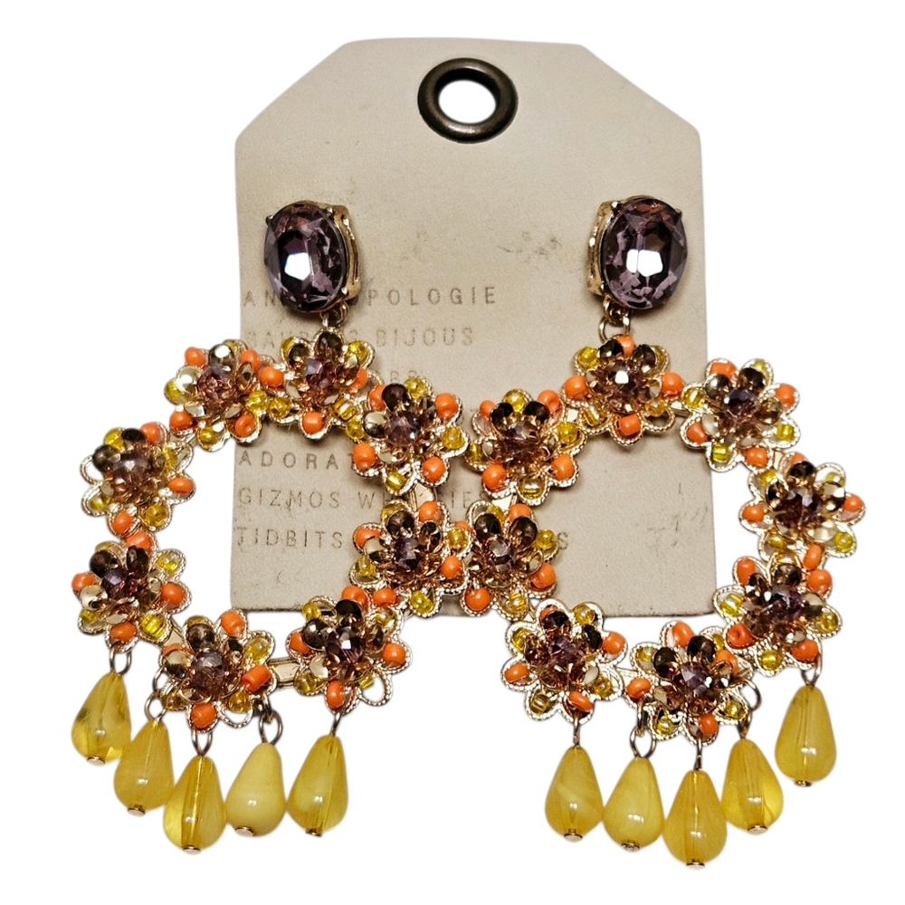 Anthropologie Floral Wreath Gemstone Bead Gold Drop Fashion Statement Earrings
